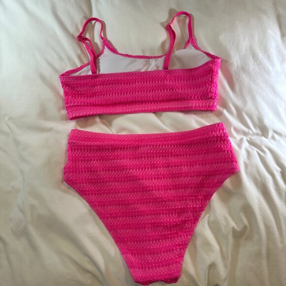 Vibrant Pink Crochet Textured High Waisted 2-Pc Swimsuit Bikini 0X - Picture 6 of 11
